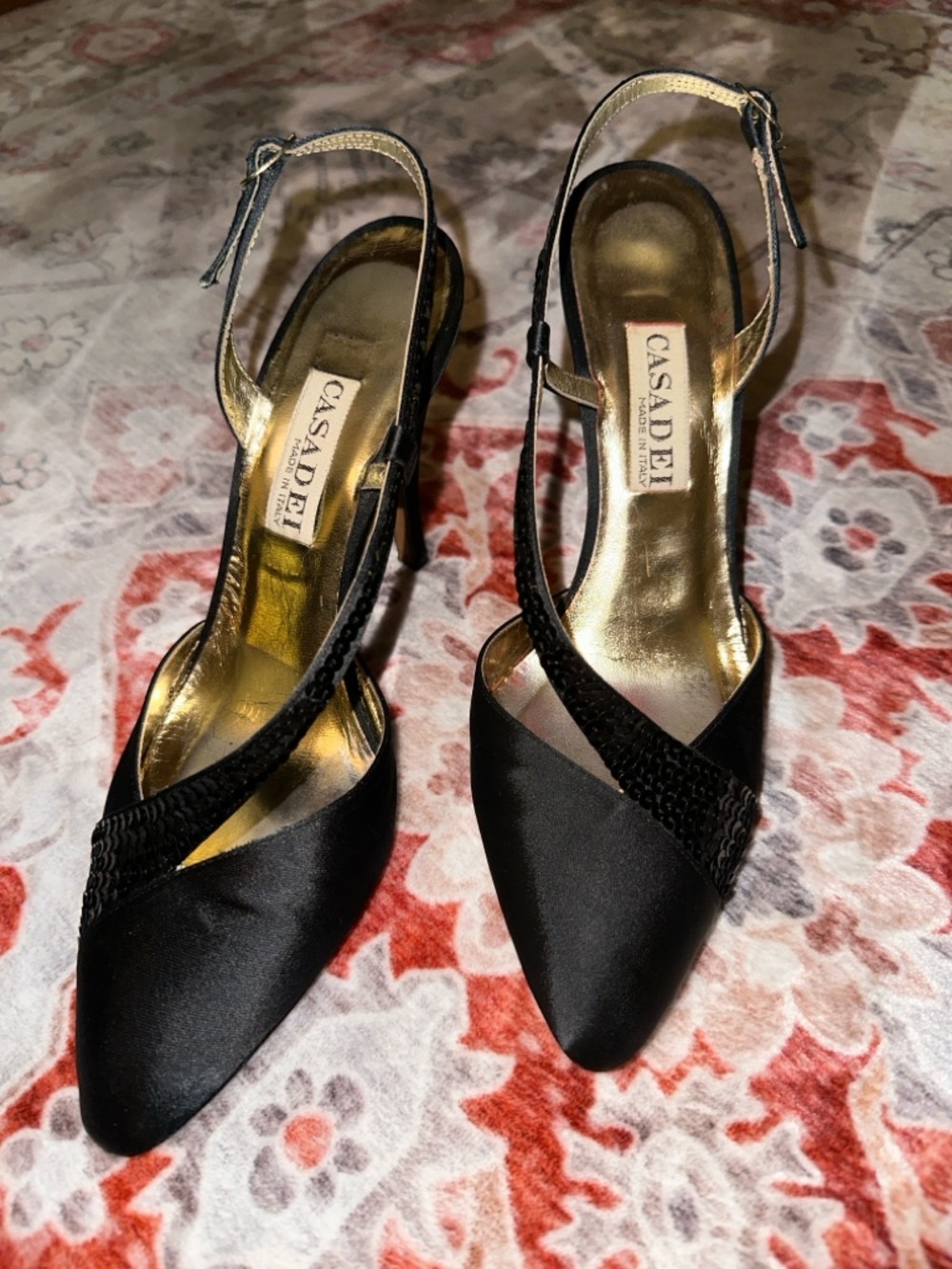 Casadei Italy Black Satin Sequin Pointed Slingback High Heels sz 8 -as is